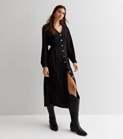 New Look Black V Neck Long Sleeve Button Front Midi Dress